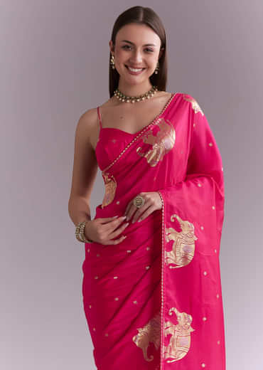 Pink Chinon Woven Saree With Elephant Motifs And Zari Work