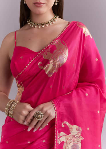 Pink Chinon Woven Saree With Elephant Motifs And Zari Work