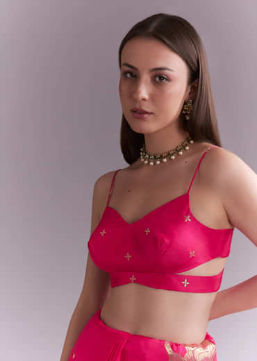 Pink Chinon Woven Saree With Elephant Motifs And Zari Work