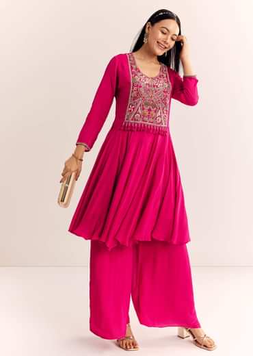 Pink Chinon Zardosi Work Kurta Palazzo Suit