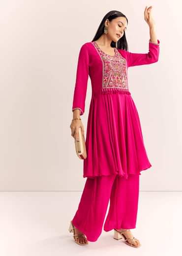 Pink Chinon Zardosi Work Kurta Palazzo Suit
