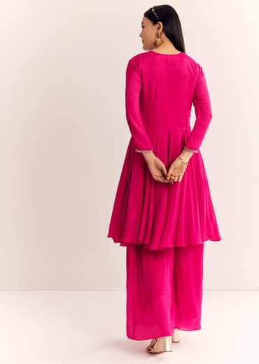 Pink Chinon Zardosi Work Kurta Palazzo Suit