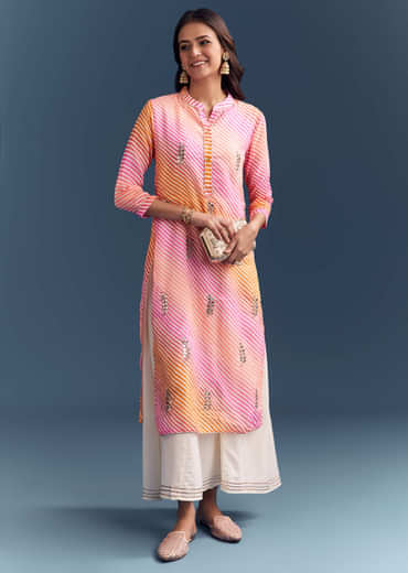Pink Cotton Kurti With Leheriya Print And Gota Work