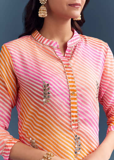 Pink Cotton Kurti With Leheriya Print And Gota Work