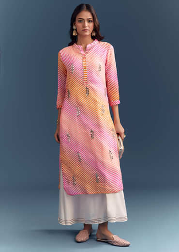 Pink Cotton Kurti With Leheriya Print And Gota Work