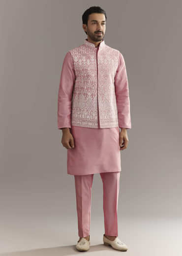 Pink Cotton Silk Jacket Kurta Set With Mirror And Dori Work