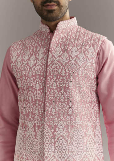 Pink Cotton Silk Jacket Kurta Set With Mirror And Dori Work