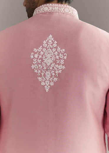 Pink Cotton Silk Jacket Kurta Set With Mirror And Dori Work