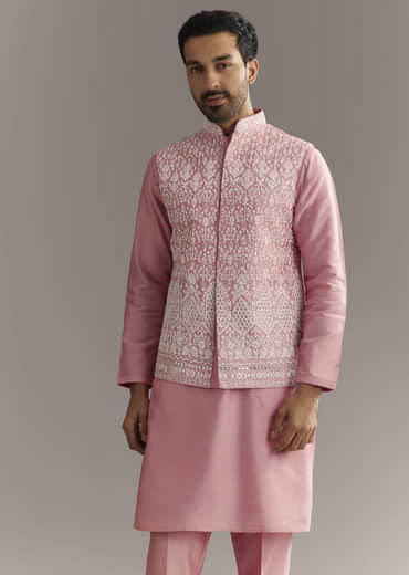 Pink Cotton Silk Jacket Kurta Set With Mirror And Dori Work