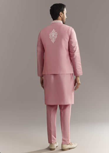 Pink Cotton Silk Jacket Kurta Set With Mirror And Dori Work