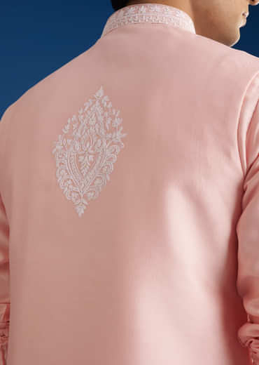 Pink Cotton Silk Jacket Kurta Set With Threadwork