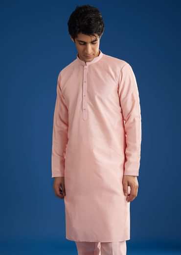 Pink Cotton Silk Jacket Kurta Set With Threadwork