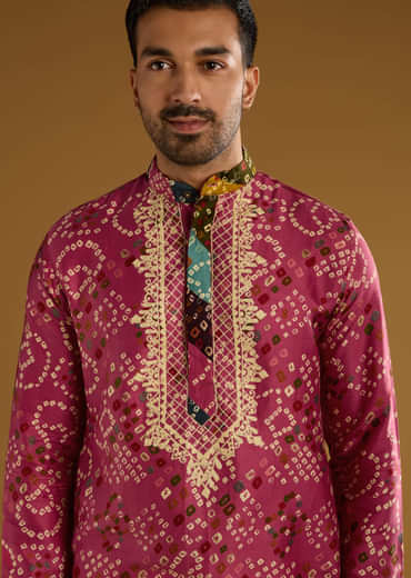 Pink Cotton Silk Kurta Set For Men With Hand Dyed Bandhani Print