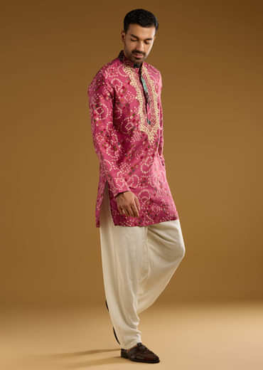 Pink Cotton Silk Kurta Set For Men With Hand Dyed Bandhani Print