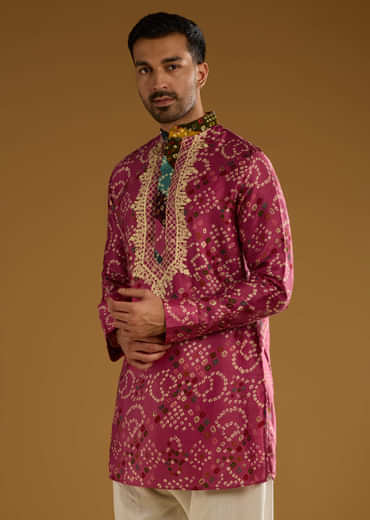 Pink Cotton Silk Kurta Set For Men With Hand Dyed Bandhani Print