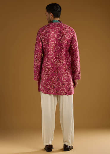 Pink Cotton Silk Kurta Set For Men With Hand Dyed Bandhani Print
