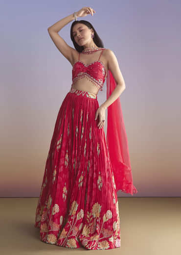 Pink Crepe Bridesmaid Lehenga With Floral Print