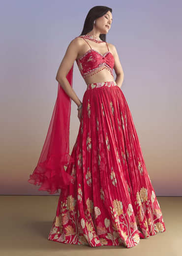 Pink Crepe Bridesmaid Lehenga With Floral Print