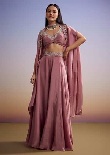Pink Crepe Crop Top And Cape Set With Embroidery