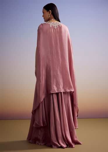 Pink Crepe Crop Top And Cape Set With Embroidery