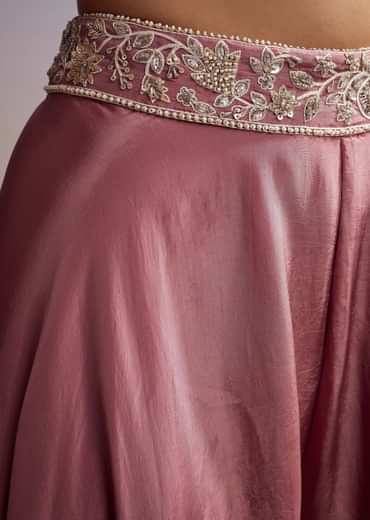 Pink Crepe Crop Top And Cape Set With Embroidery