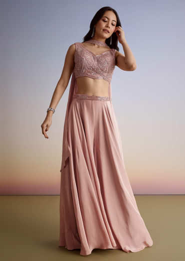 Pink Crepe Cutdana Sequin Embroidered Croptop Palazzo Suit With Dupatta