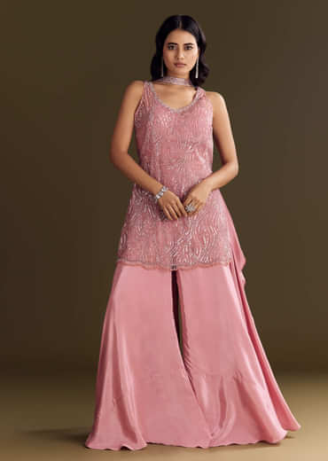 Pink Crepe Embroidered Kurta Palazzo Suit Set With Net Choker Dupatta