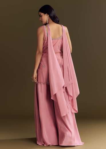 Pink Crepe Embroidered Kurta Palazzo Suit Set With Net Choker Dupatta