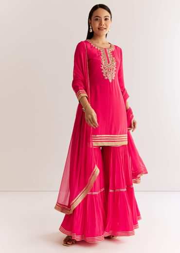 Pink Crepe Kurta Set With Zardosi And Sequins Dupatta