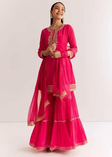 Pink Crepe Kurta Set With Zardosi And Sequins Dupatta