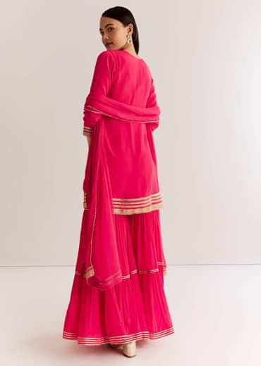 Pink Crepe Kurta Set With Zardosi And Sequins Dupatta