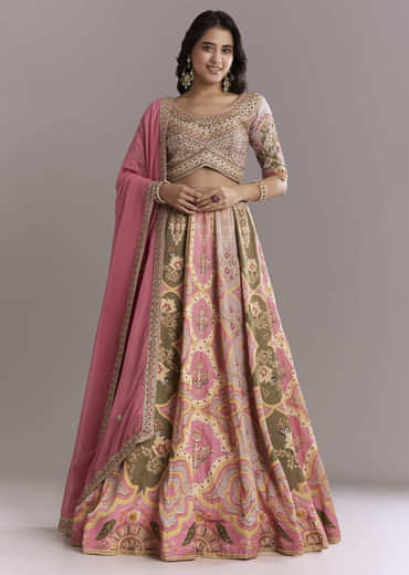 Pink Crepe Printed Bridesmaid Lehenga With Gotta Work