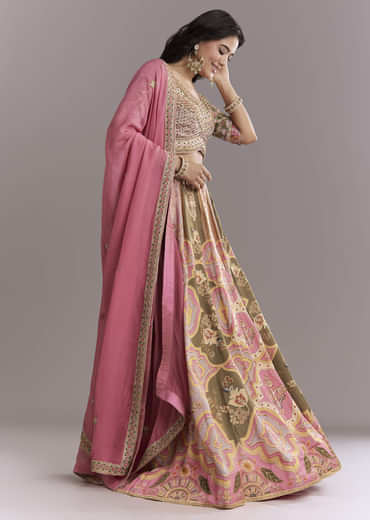 Pink Crepe Printed Bridesmaid Lehenga With Gotta Work