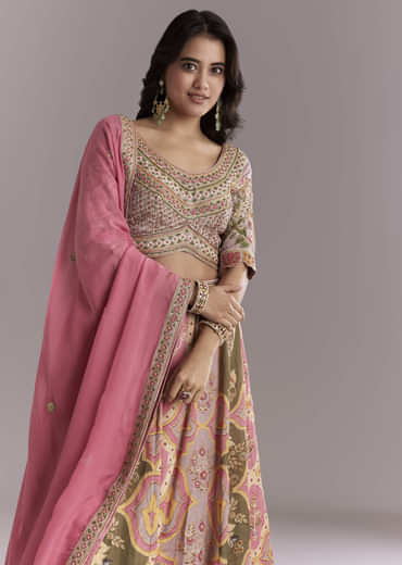 Pink Crepe Printed Bridesmaid Lehenga With Gotta Work