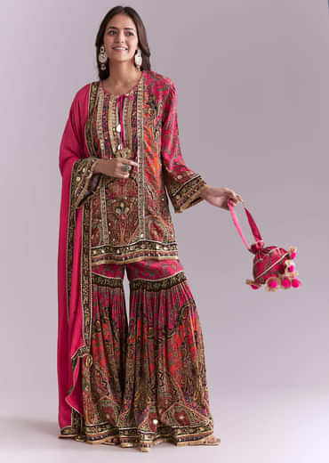 Pink Crepe Printed Sharara Suit With Gota Detail And Potli