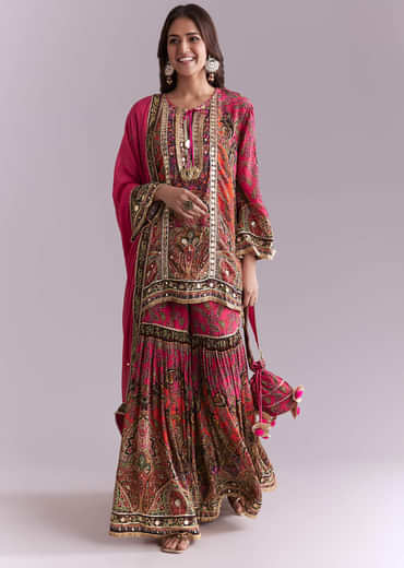 Pink Crepe Printed Sharara Suit With Gota Detail And Potli