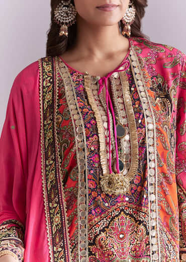 Pink Crepe Printed Sharara Suit With Gota Detail And Potli