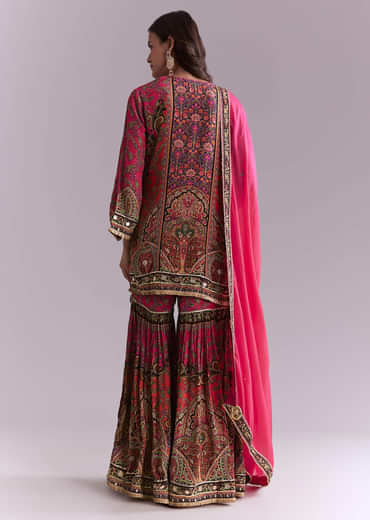 Pink Crepe Printed Sharara Suit With Gota Detail And Potli