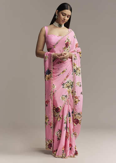 Pink Crepe Saree With Floral Digital Print And Sequin Border