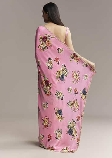 Pink Crepe Saree With Floral Digital Print And Sequin Border