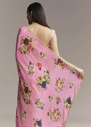 Pink Crepe Saree With Floral Digital Print And Sequin Border