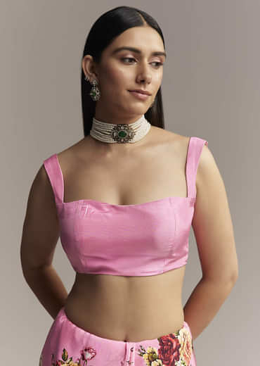 Pink Crepe Saree With Floral Digital Print And Sequin Border