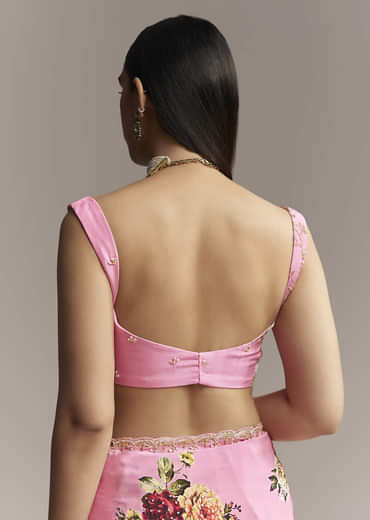 Pink Crepe Saree With Floral Digital Print And Sequin Border