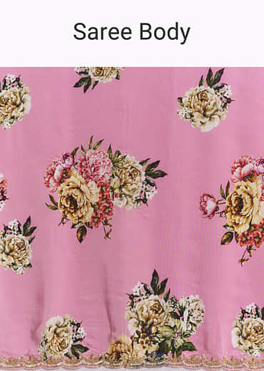 Pink Crepe Saree With Floral Digital Print And Sequin Border