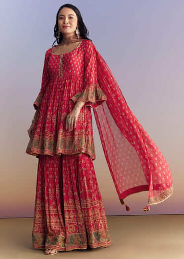 Pink Crepe Sharara Suit With Floral Print And Stone Work