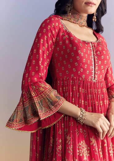 Pink Crepe Sharara Suit With Floral Print And Stone Work