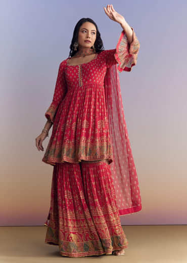 Pink Crepe Sharara Suit With Floral Print And Stone Work
