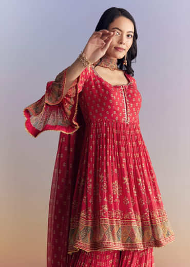Pink Crepe Sharara Suit With Floral Print And Stone Work