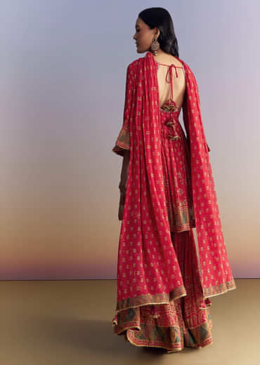 Pink Crepe Sharara Suit With Floral Print And Stone Work