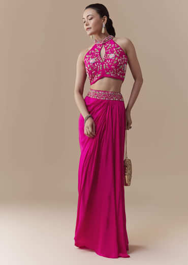 Pink Crepe Silk Crop Top Skirt Set with Zardosi Work
